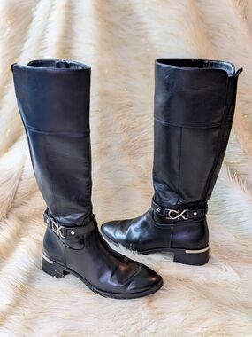 Calvin Klein Daphny Black Leather Knee High Buckle Boots Size 8